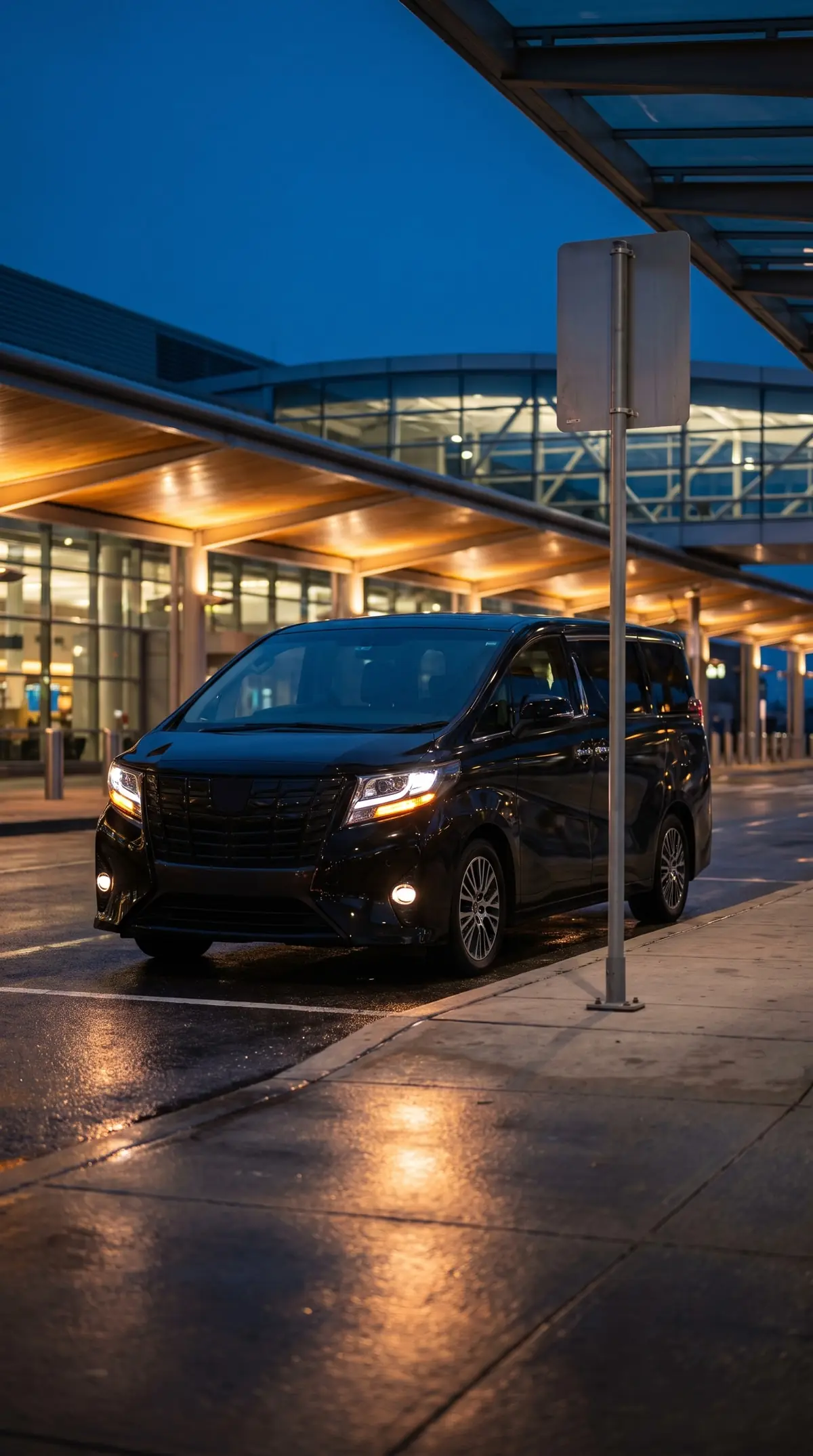 Buffalo Shuttle vehicle waiting beside a numbered pickup pole on the Buffalo Airport arrivals curb